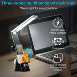 INSMART LED Desk Lamp with Wireless Charging,7-in-1 Touch Control Table Lamp,15W Fast Charging,Clock,Alarm,3 Modes,Dimmable Lights for Home Office,10.9In,Black