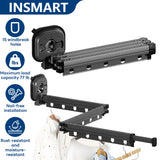 INSMART Wall Mount Folding Clothes Drying Rack,Retractable Laundry Drying Rack,360° Rotatable Clothes Rack with 15 Windproof Hooks,Space Saving for Bathroom/Balcony/Camping,No Drill Installation Gray