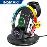 INSMART Wireless Charger,6-in-1 Wireless Magnetic Charging Station with Digital Clock, Alarm, Phone Stand & Colorful Mood Light,Compatible with iPhone,Samsung, AirPods,Apple Watch (Black)