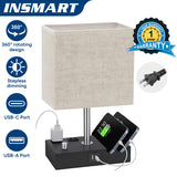 INSMART Bedside Table Lamp for Bedroom&Living Room - Modern Desk Lamp with Dual Fast USB-C/USB-A Charging Ports,Fully Dimmable Nightstand Lamp,2 Phone Stands&AC Outlet