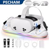Pecham VR Charging Dock Fit for Meta Quest 3/Quest 3S/Quest 2, RGB Magnetic Charging Station for VR Headset & Controllers, Fast Charging Station with 2x2100mAh Rechargeable Batteries