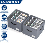 INSMART Shoe Storage Boxes 2-Pack,12-Slot Shoe Organizer for Closet,Foldable Dustproof & Waterproof Shoe Bins w/Clear Top & Reinforced Handles,Fits 16-24 Pairs,Gray
