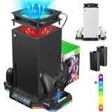 Pecham Cooling Fan Charging Station Fit for Xbox Series X Console, Dual Controller Charging Dock & Cooler System Stand with 2 x 1400mAh Rechargeable Battery, 9 Light Modes, USB Ports, Game Disc Slots