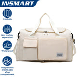 INSMART 35L Travel Duffle Bag,Foldable Weekender Bags Carry on Gym Bag with Wet Pocket,Adjustable Strap,Shoe Compartment,for Plane Sports Dance,Beige