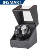 INSMART Double Watch Winder, Automatic Watch Winder with LED Design, Quiet Motor Rotating Watch Box, Black Carbon Fiber Leather