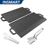 INSMART Double-Sided Cast Iron Grill Pan Set,Suitable for Stovetop, Gas Grilling and Outdoor Cooking,16.5 x 9 Inch Rectangular and Ribbed