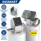 INSMART 3-in-1 Cube Wireless Charger,180° Auto-Rotate Wireless Charging Station for iPhone, iWatch, AirPods,15W Fast Magnetic Charger Stand with LED Light & Safety Protection,Silver