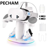 Pecham Charging Dock Fit for Meta Quest 3/3S/2, RGB VR Headset Holder Stand & Controller Mount - White
