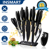 INSMART 17 Piece Kitchen Knife Set,Knife Set with Sharpener,Teflon Non-Stick Coating Kitchen Cutlery,No Rust,Super Sharp,Include Chef,Bread,Steak,Knives