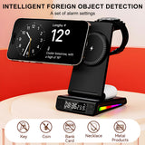 INSMART Wireless Charging Station for iPhone,5 in 1 Foldable Magnetic Charging Stand with Digital Clock,Temp Display,15W Fast Charger,RGB Colorful Lights,for Home Office Black