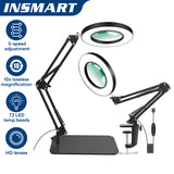 INSMART 10X Magnifying Lamp with Light – 5 Color Modes,72 LEDs,Adjustable Brightness,Hands-Free Desk Lamp for Reading,Soldering,Crafts,Nail Art,Jewelry Making (Black,Heavy-Duty Base)
