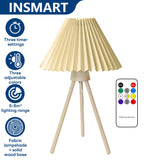 INSMART Pleated Table Lamp, Solid Wood Base Bedside Lamp, 3-Color Dimmable with Remote Control, USB Night Light for Bedroom, Timer Function, Suitable for Living Room and Office