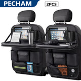 Pecham 2PCS Car Backseat Organizer with Table Tray, PU Leather Seat Back Protectors Kick Mats Travel Accessories, Backseat Storage Protector Kids Travel Accessories