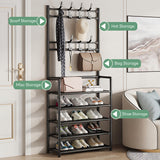 INSMART 5 Tiers Shoe Rack for Home Use with Coat Rack,Shoe Organizer Storage with Hooks Space-Saving Freestanding Shoe Shelf for Bedroom Entryway Hallway Office Black