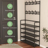 INSMART 5 Tiers Shoe Rack for Home Use with Coat Rack,Shoe Organizer Storage with Hooks Space-Saving Freestanding Shoe Shelf for Bedroom Entryway Hallway Office Black