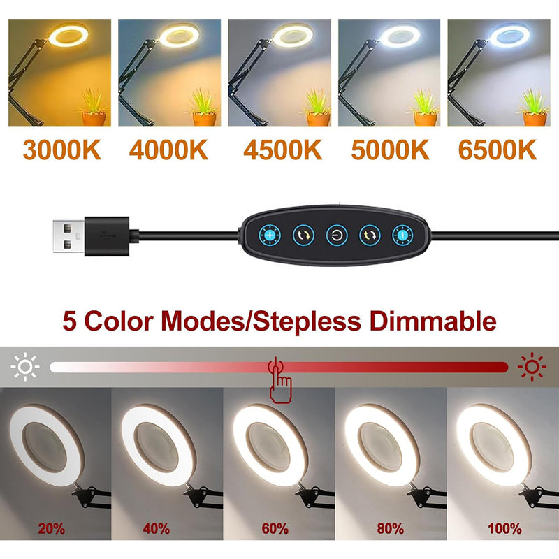 INSMART 10X Magnifying Lamp with Light – 5 Color Modes,72 LEDs,Adjustable Brightness,Hands-Free Desk Lamp for Reading,Soldering,Crafts,Nail Art,Jewelry Making (Black,Heavy-Duty Base)