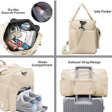 INSMART 35L Travel Duffle Bag,Foldable Weekender Bags Carry on Gym Bag with Wet Pocket,Adjustable Strap,Shoe Compartment,for Plane Sports Dance,Beige