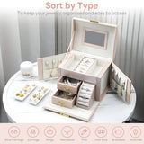 INSMART Jewelry Box, 3 Layer Leather Jewelry Organizer Boxes for Women Girls, Multi-Function Holder Drawers with Mirror, Jewelry Storage Case for Rings Earrings Necklaces Bracelets