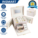 INSMART Jewelry Box, 3 Layer Leather Jewelry Organizer Boxes for Women Girls, Multi-Function Holder Drawers with Mirror, Jewelry Storage Case for Rings Earrings Necklaces Bracelets