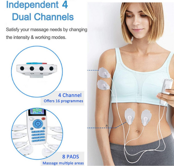 TENS Unit Rechargeable Muscle Stimulator EMS Quad Channel with 10 Reus ...
