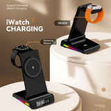 INSMART Wireless Charging Station for iPhone,5 in 1 Foldable Magnetic Charging Stand with Digital Clock,Temp Display,15W Fast Charger,RGB Colorful Lights,for Home Office Black