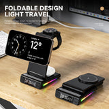 INSMART Wireless Charging Station for iPhone,5 in 1 Foldable Magnetic Charging Stand with Digital Clock,Temp Display,15W Fast Charger,RGB Colorful Lights,for Home Office Black
