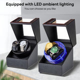 INSMART Double Watch Winder, Automatic Watch Winder with LED Design, Quiet Motor Rotating Watch Box, Black Carbon Fiber Leather