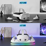 Pecham VR Charging Dock Fit for Meta Quest 3/Quest 3S/Quest 2, RGB Magnetic Charging Station for VR Headset & Controllers, Fast Charging Station with 2x2100mAh Rechargeable Batteries