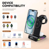 INSMART Wireless Charging Station for iPhone,5 in 1 Foldable Magnetic Charging Stand with Digital Clock,Temp Display,15W Fast Charger,RGB Colorful Lights,for Home Office Black
