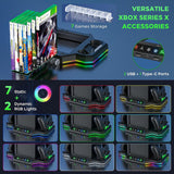 Pecham Cooling Fan Charging Station Fit for Xbox Series X Console, Dual Controller Charging Dock & Cooler System Stand with 2 x 1400mAh Rechargeable Battery, 9 Light Modes, USB Ports, Game Disc Slots