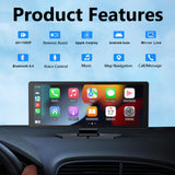 Pecham 10.26" Wireless Apple Carplay with Bluetooth, 4K 1080p Dual Dash Camera Front and Rear, Portable Car Stereo GPS Navigation with Car Audio, Airplay, Mirror Link, 64GB TF Card