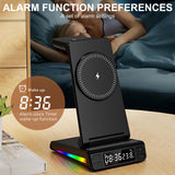 INSMART Wireless Charging Station for iPhone,5 in 1 Foldable Magnetic Charging Stand with Digital Clock,Temp Display,15W Fast Charger,RGB Colorful Lights,for Home Office Black