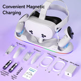 Pecham VR Charging Dock Fit for Meta Quest 3/Quest 3S/Quest 2, RGB Magnetic Charging Station for VR Headset & Controllers, Fast Charging Station with 2x2100mAh Rechargeable Batteries
