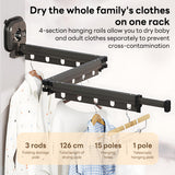 INSMART Wall Mount Folding Clothes Drying Rack,Retractable Laundry Drying Rack,360° Rotatable Clothes Rack with 15 Windproof Hooks,Space Saving for Bathroom/Balcony/Camping,No Drill Installation Gray