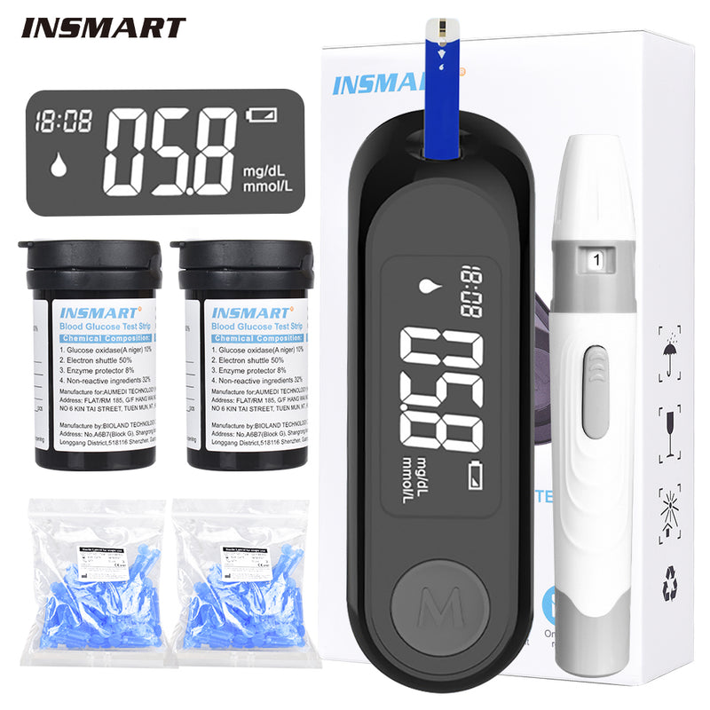 Insmart G-520 Blood Glucose Monitor Kit, 100 Glucometer Papers, 100 Lancets, Blood Sugar Test Kit with Lancing Device and Carrying Bag, No Coding(Model: G-520)