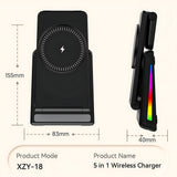 INSMART Wireless Charging Station for iPhone,5 in 1 Foldable Magnetic Charging Stand with Digital Clock,Temp Display,15W Fast Charger,RGB Colorful Lights,for Home Office Black