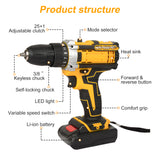 Pecham 24V Cordless Drill, 1500RPM Brushless Power Drill Set, 3/8"Keyless Chuck, 25+1 Position Electric Drill, 2 Variable Speed, Built-in LED, Power Drills for Drilling and Screwdriving
